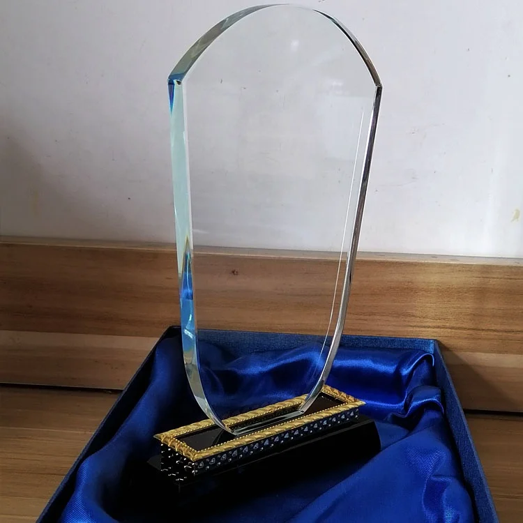 wholesale high quality k9 blank crystal glass shield trophy black base for 3d laser engraving  with Golden trim base