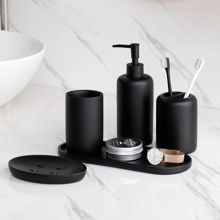 Wholesale Hotel Custom Black Toothpaste Toothbrush Holder Mouthwash Cup Liquid Soap Dish Tray Dispenser Ceramic Bathroom Set