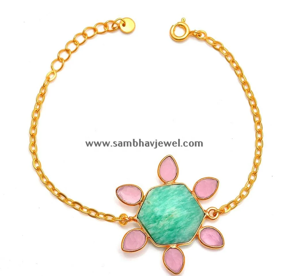 Fashionable Jewelry Handmade Solid 925 Sterling Silver Natural Amazonite Gemstone Flower Shape Chain Bracelet At Wholesale Price
