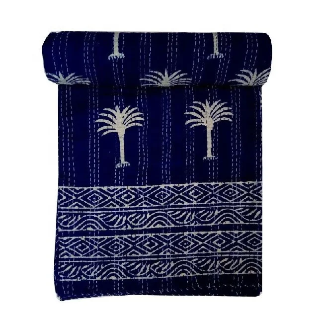 Hand Block Print Indigo Blue Kantha Bed Cover Reversible Bedding Bedspread Twin Size Vintage Cotton Quilt Set