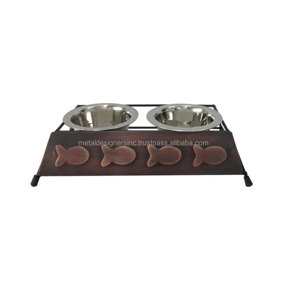 FISH and PAWS embossed Elevated double diner Raised dogs and cats feeder stand with 2 bowls for food milk and water