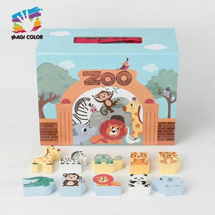 Educational Role Play Game Wooden Zoo Building Blocks Play Box For Kids W06A553