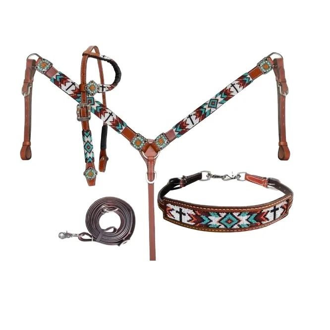 Top Quality100% Genuine Leather Western Beaded One Ear Headstall & Breast Collar Set With Wither Strap Supplier Manufacturer