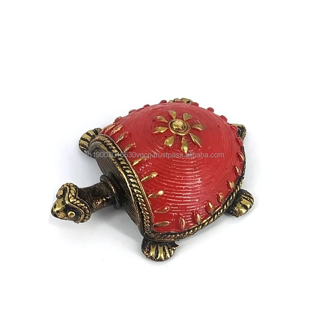 Crafted Tribal Brass Dhokra Art Bell Metal Turtle Figurine Red 3.5 inch Table Weight