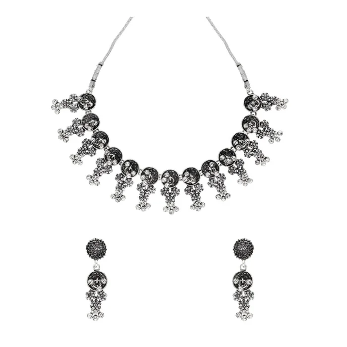 Best Selling Necklace Set in Oxidize Silver finish Indian Antique Designer Fashion Jewellery Necklace with Long Earrings Sets