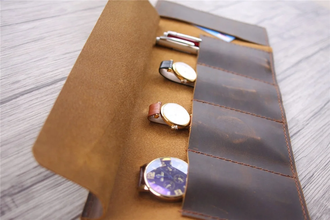 Engraved Leather Watch Case Roll Men Women Travel Organizer Genuine Leather Watch Roll Case Luxury Travel Watch Roll 4 Slots