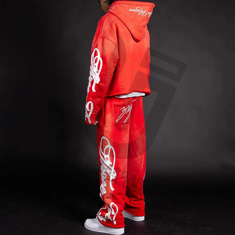 OEM Custom Patch Embroidery French terry Cotton Distressed Raw Hem Acid Wash Sweatpants And Hoodie Set For Men