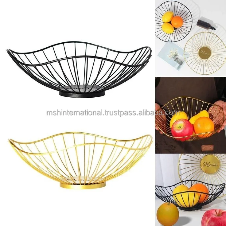 Manufactory High Quality Special Pattern Countertop Gold Wire Fruit Basket Metal Iron Food Fruit Storage Basket In Bright Golden