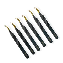 Strong Grip Eyelash Tweezers Matte Black and Gold finish Diamond Grip, Fiber Tips