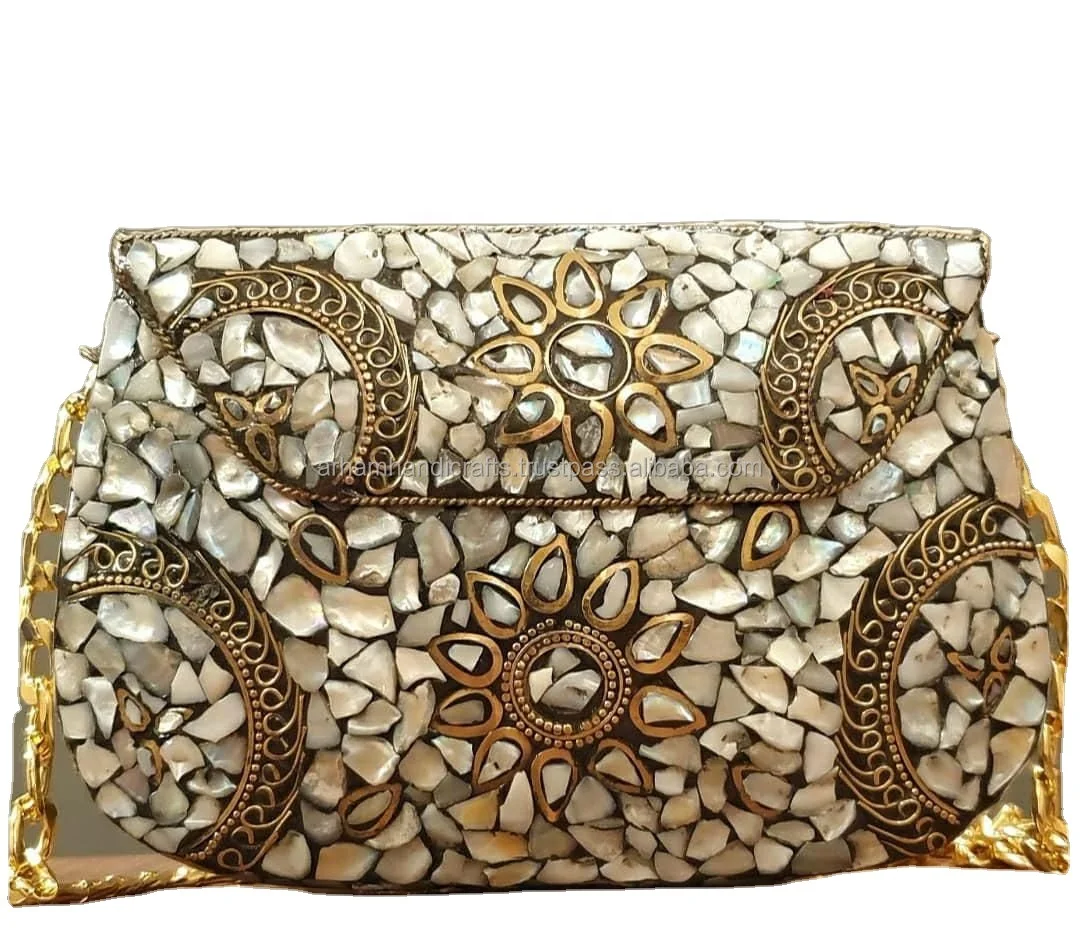Mosaic Handmade Ethnic Clutch Ornate Bag Vintage Bag Boho Clutch Indian Bag Mother of Pearl Purse Metal Clutch by LUXURY CRAFTS