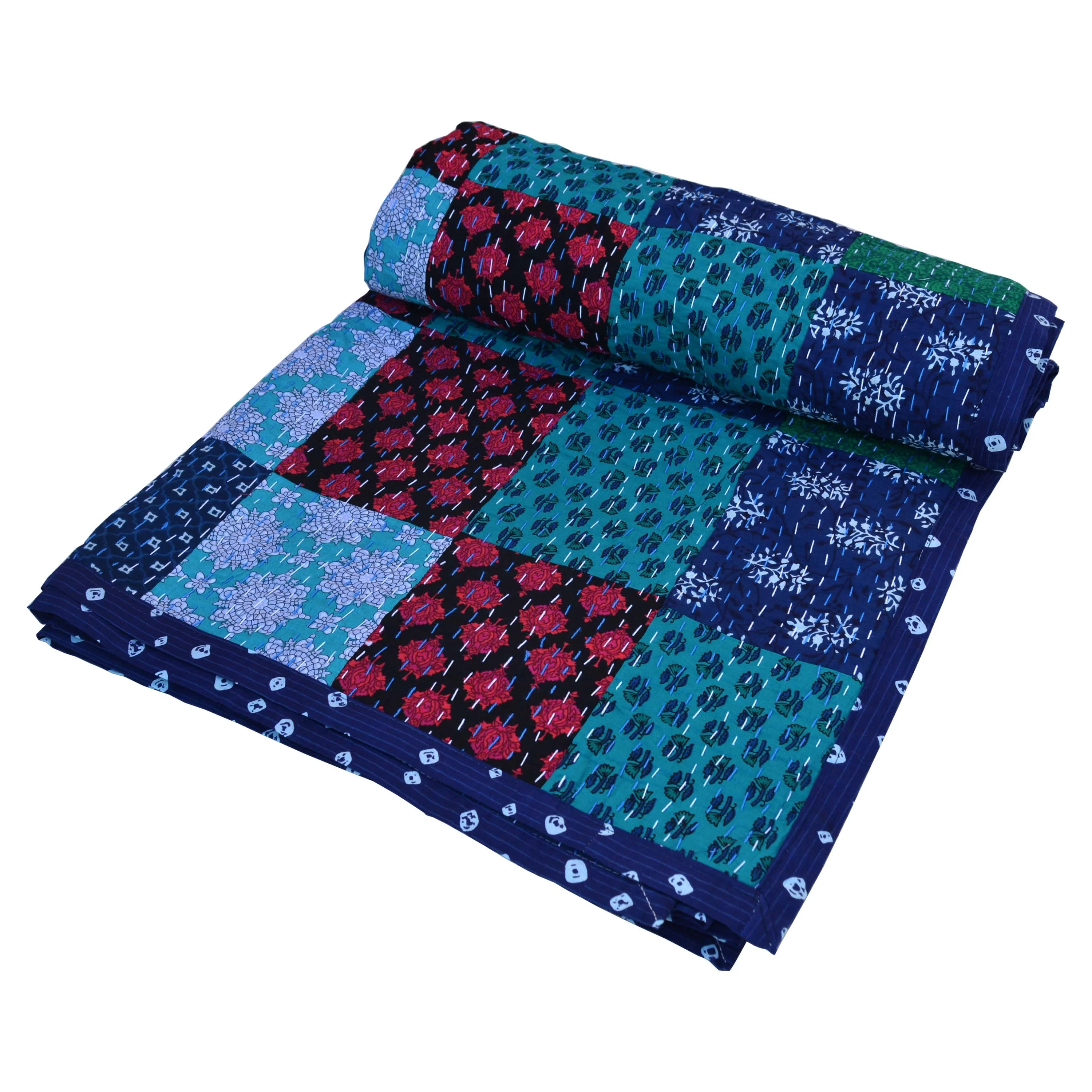 Best Kantha Handmade Hand Block Print Cotton Patch Work Sofa 60x90 inches Cover Bedspread Throw Kantha Handmade Hand Block Print