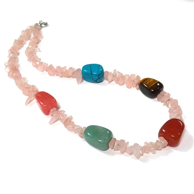 Rose quartz chip tumbled gemstone necklace natural stone carnelian aventurine tiger eye strawberry quartz turquoise