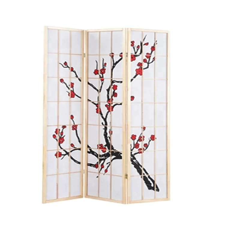 Japanese 3-Panel Wooden folding screen room divider