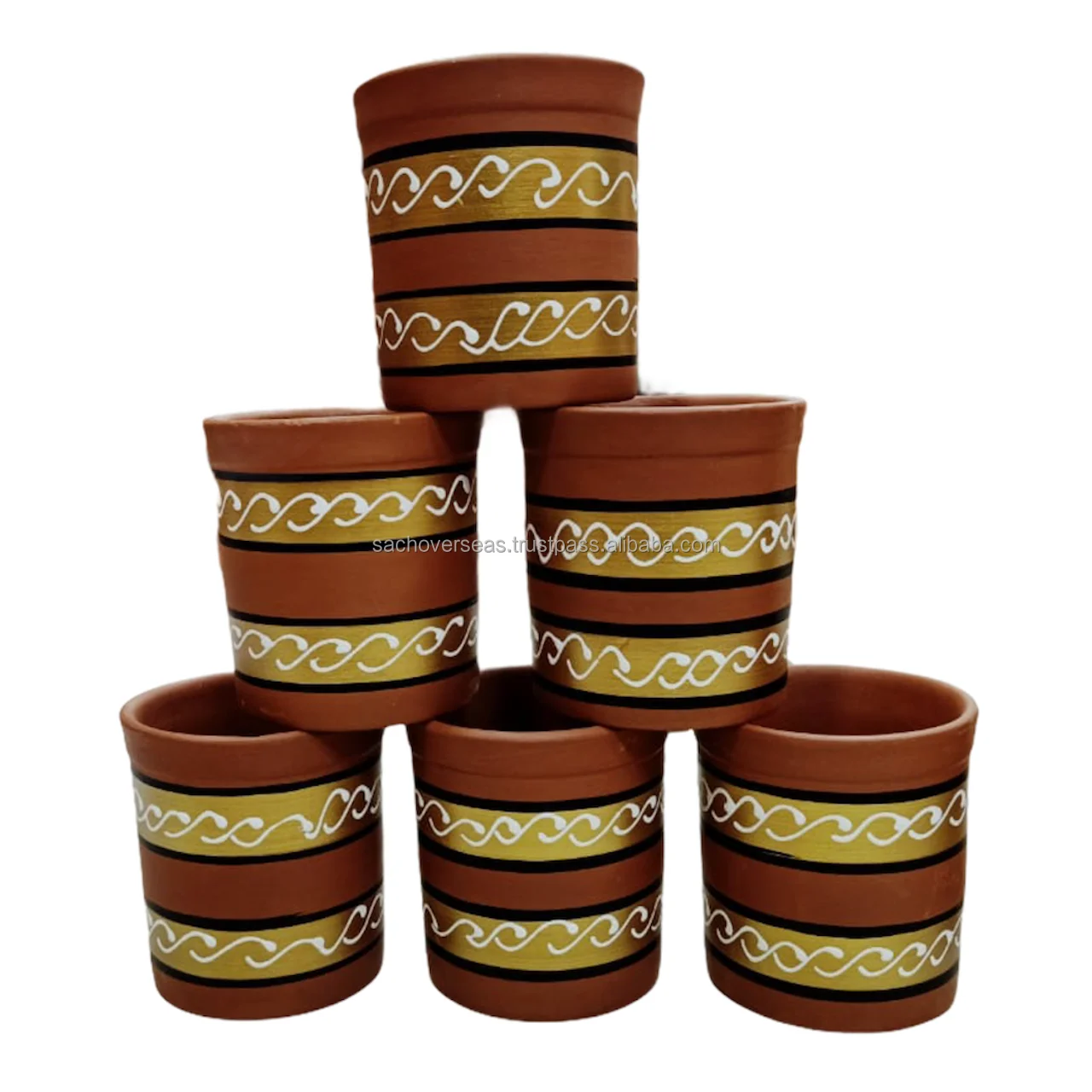 Eco Friendly Non Toxic  Hand-Painted Earthen Brown Ceramic Clay Glasses with Golden Painting For Wholesale