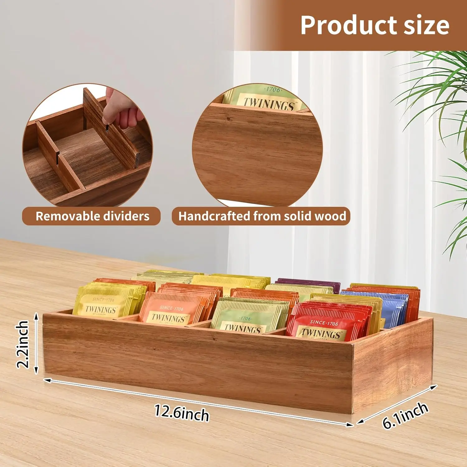 Multifunctional Acacia Wooden Tea Bag Storage Organizer with 8 Compartments Tea Storage Box with Removable Divider