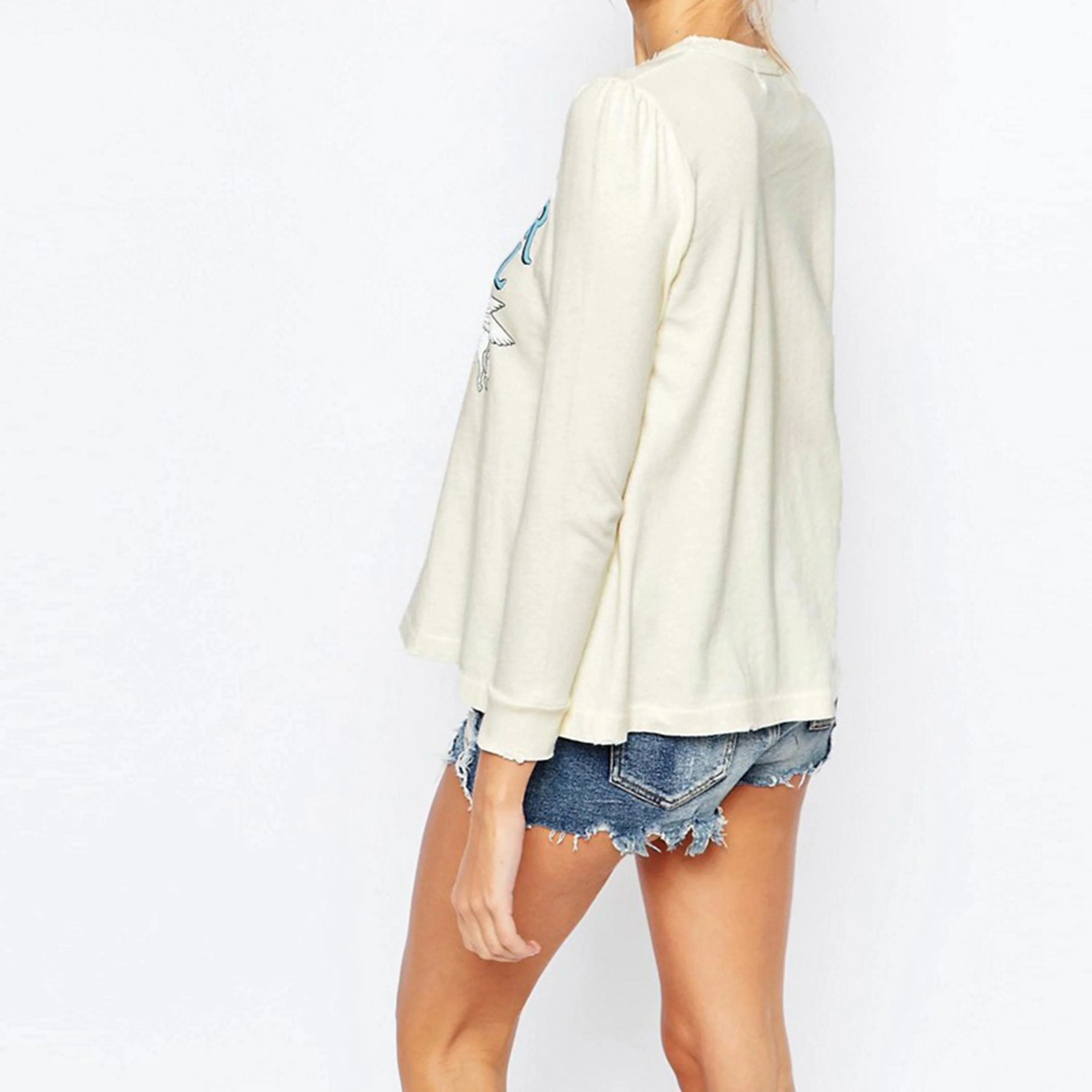 Pure soft cotton jersey regular fit round neck slogan printed women long sleeve tops with raw edge detailing t shirt for girls