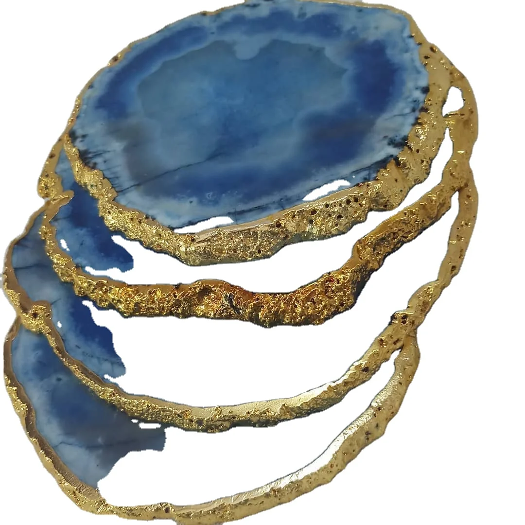 High QUALITY SKY BLUE AGATE Coasters With SILVER Or GOLD Trim