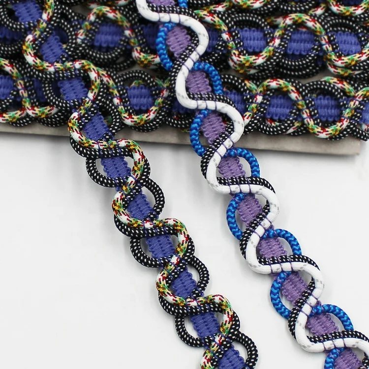 Custom blue purple 3cm polyester decorative crochet trim with braid cords for bags garment home textile