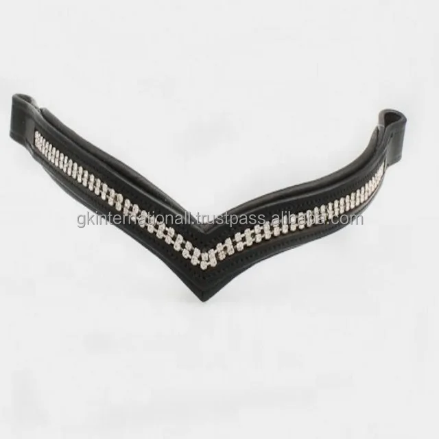 Leather Horse Brow band with 2 row clear crystals rhinestones decorative deep V shape bridle brow band for horses