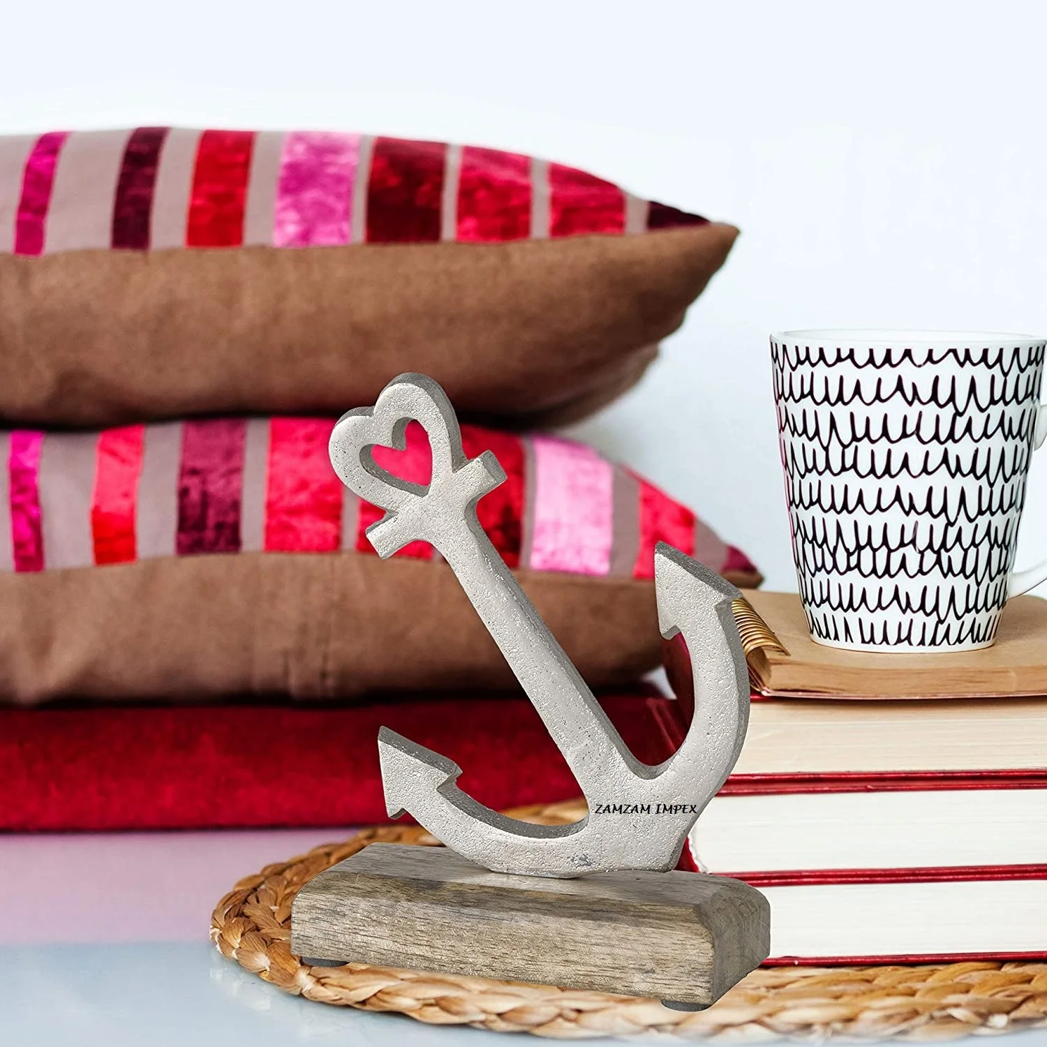 Hand Cast Aluminum Anchor Sculpture With Mango Wood Base