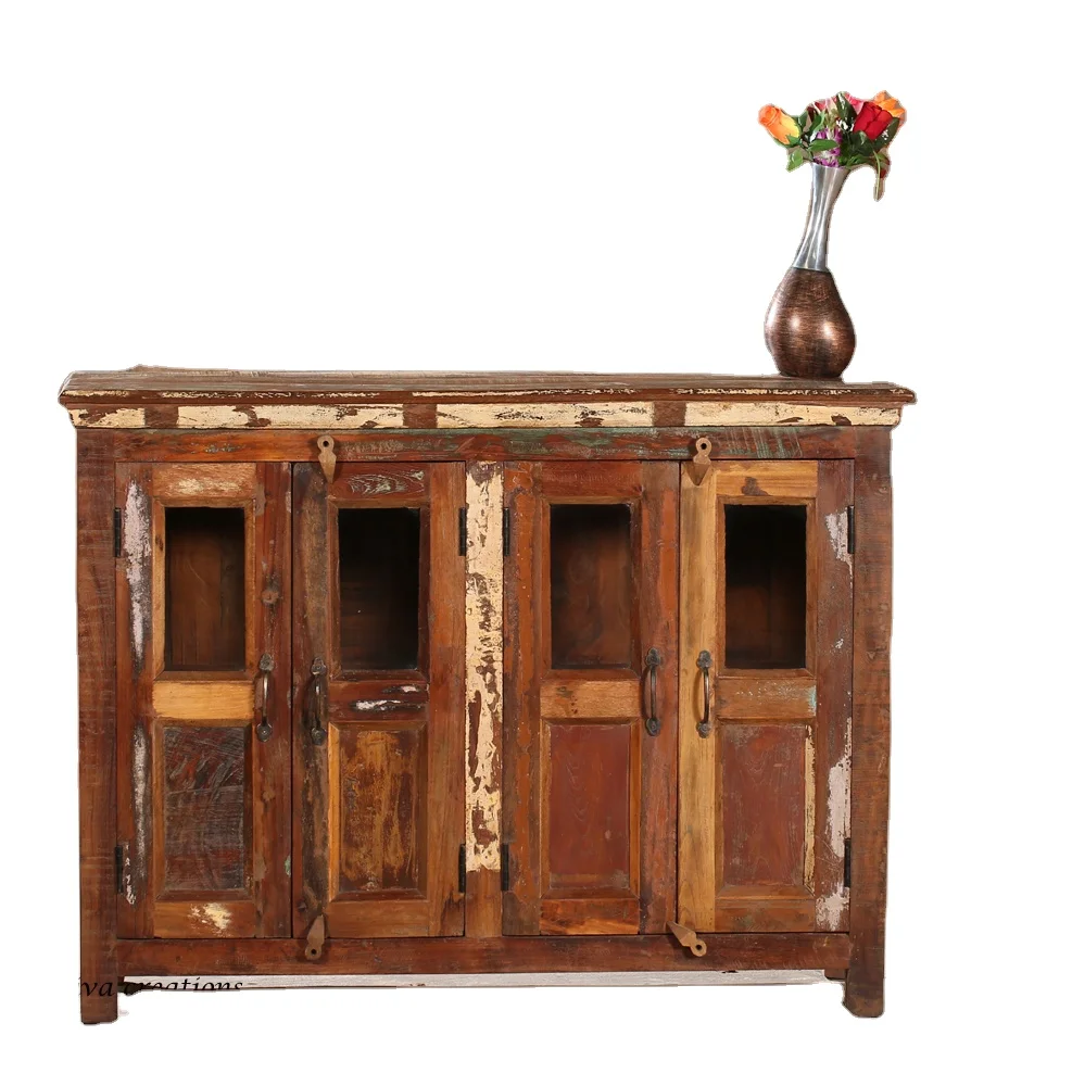 Solid Wood Farmhouse Reclaimed Wood Sideboard Cabinet 4 Glass Door Storage Display Living Room Furniture Chinese Design Style