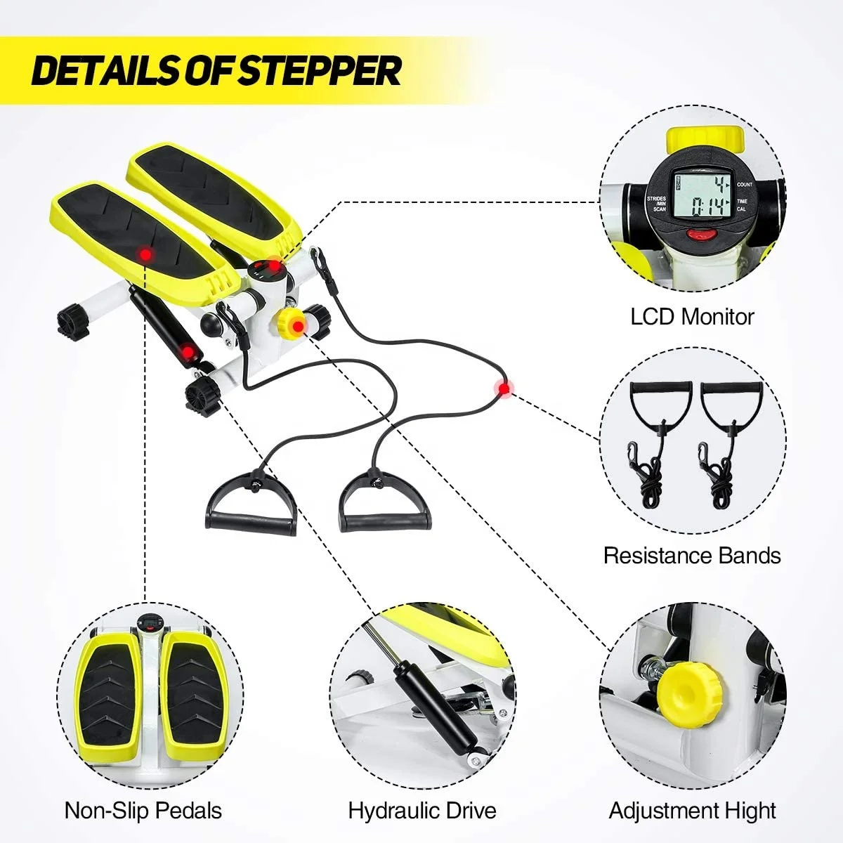 ONESTARSPORTS Adjustable Mini Air Climbers Stepper Fitness Exercise Hydraulic Mute Stepper With Resistance Band LCD Display