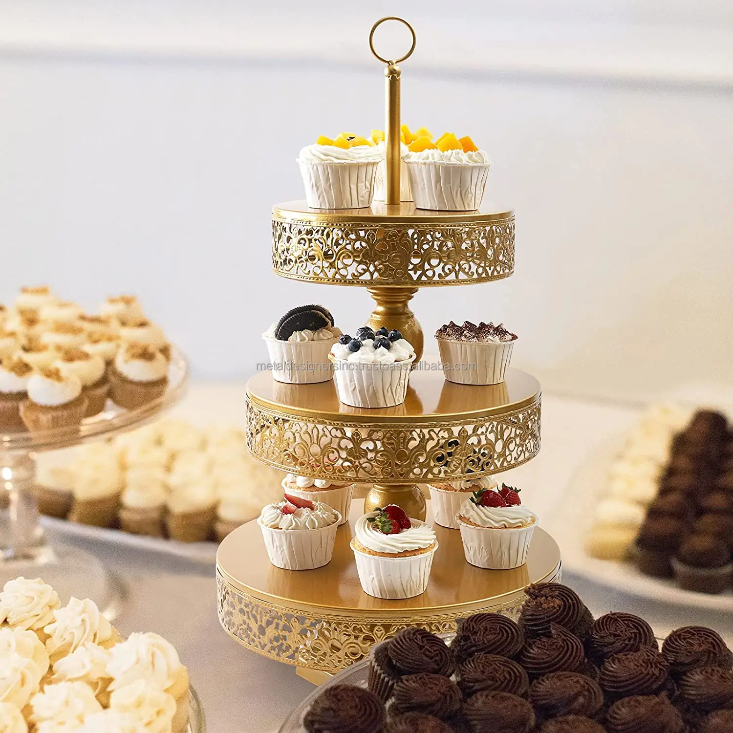 3 Tier Serving Trays with Handles Gold Cake Stands Cupcake Stand Holder Tiered Tray Decor Dessert Serving Platter