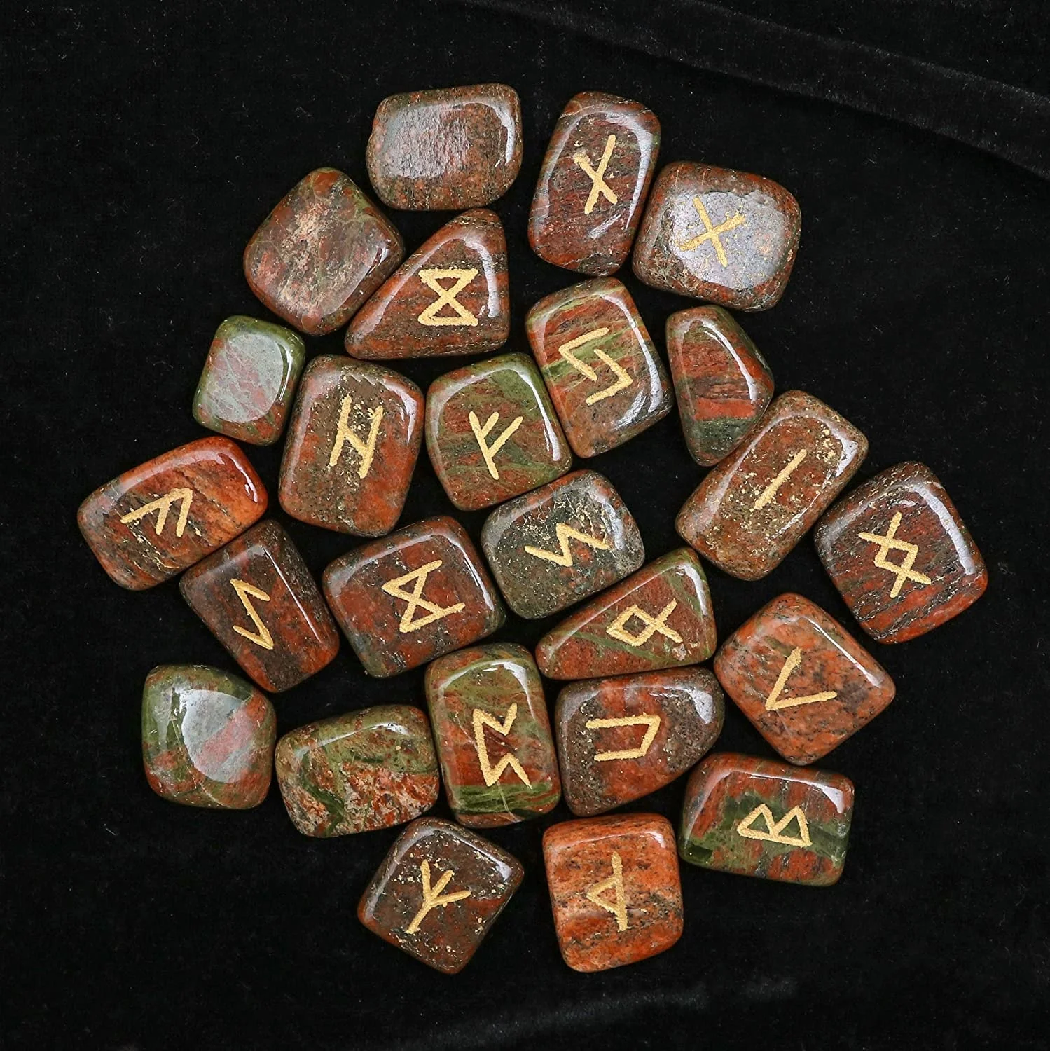 Набор рунических камней Unakite с гравировкой старый Futhark Рунический алфавит языческая надпись руны викингов