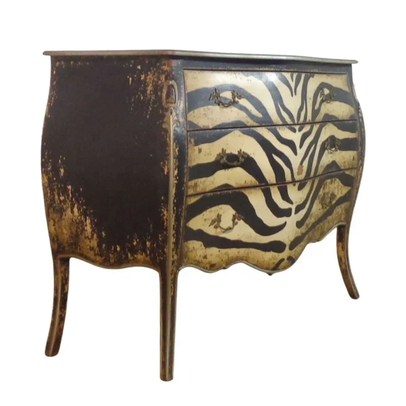 Vintage Zebra Print Commode French Style Solid Wood Chest of Drawers for Antique Bedroom Furniture Set and Hotel Furniture
