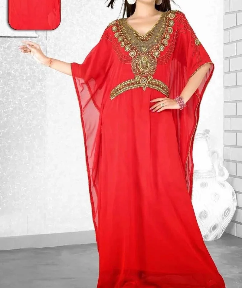 Latest muslim moroccan dress Half Farsha With best Glass Beads Work wedding floral islamic clothing jalabiya for women caftans