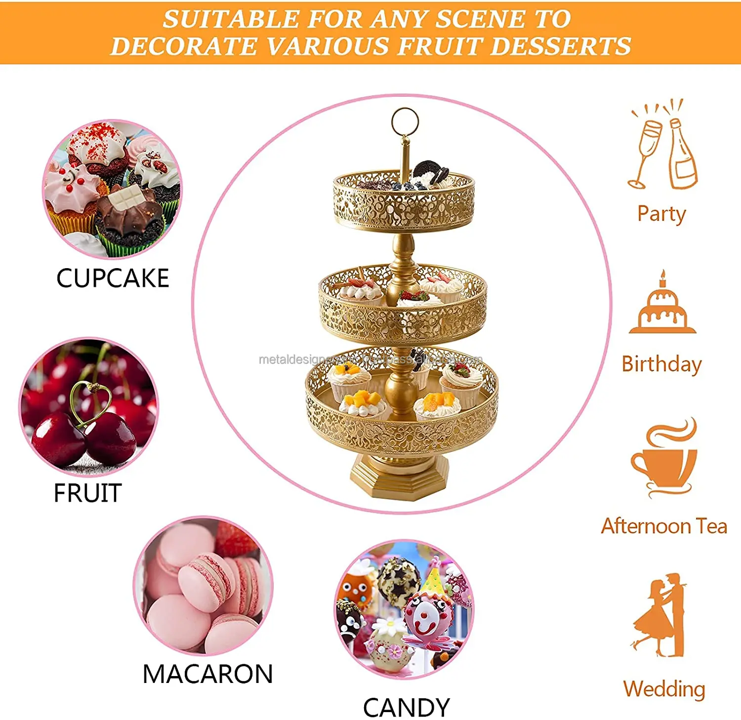 3 Tier Serving Trays with Handles Gold Cake Stands Cupcake Stand Holder Tiered Tray Decor Dessert Serving Platter