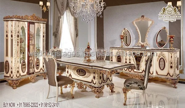 Persian Style Gold Leaf Dining Room Furniture Royal Shine High Gloss Polish Dining Table Luxury Turkish 8-Seater Dining Table