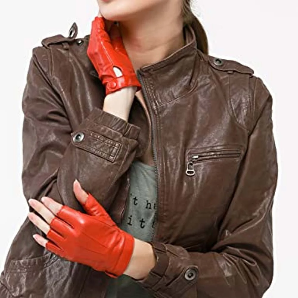 OEM service Women Driving genuine cowhide Leather Gloves Half Finger Fingerless  Gloves