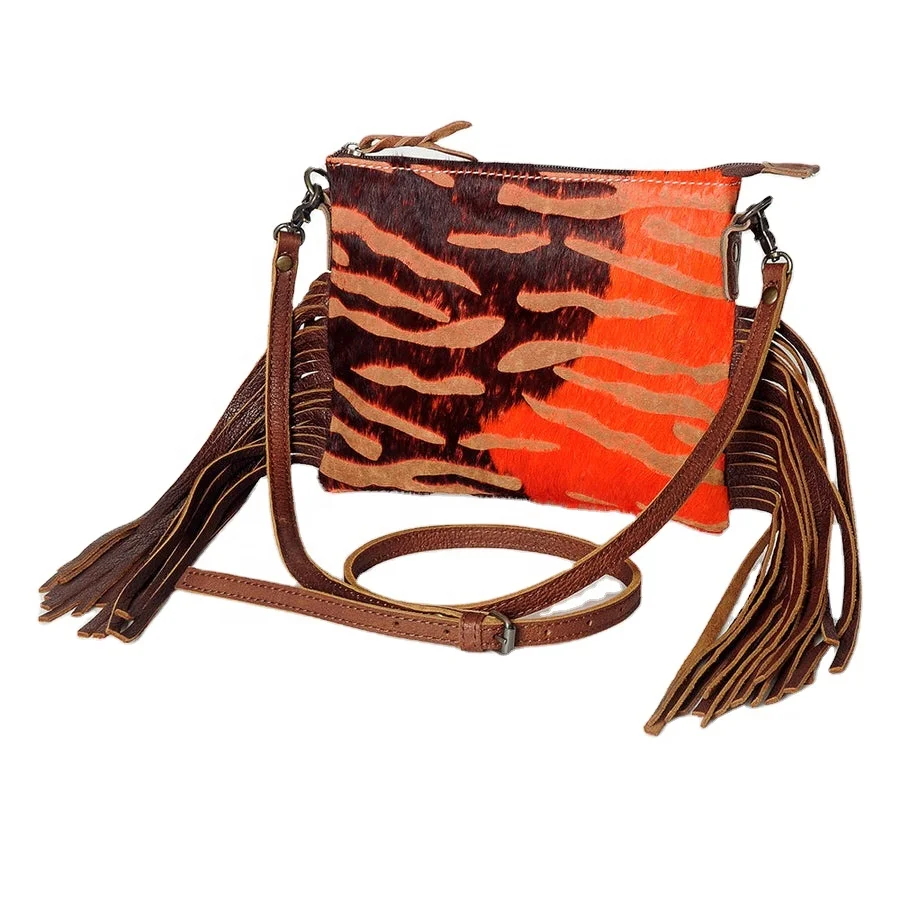 New Navajo Bags made of worked leather cowhide crossbody bags with hair on design suede fringe matching handle Design