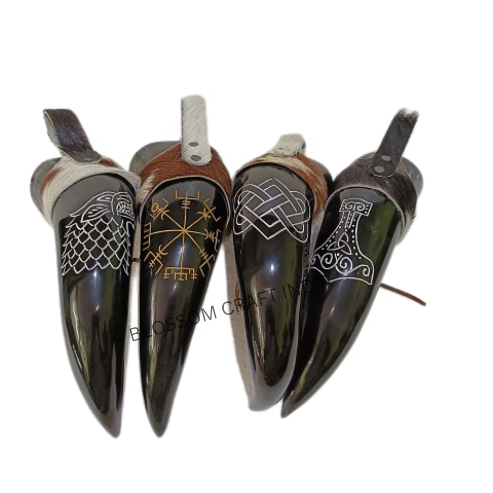 New Viking Drinking Horn Genuine Cow Handcrafted Engraved Drinking Horn with Goat Holders For Mead Ale Agate For Gifting