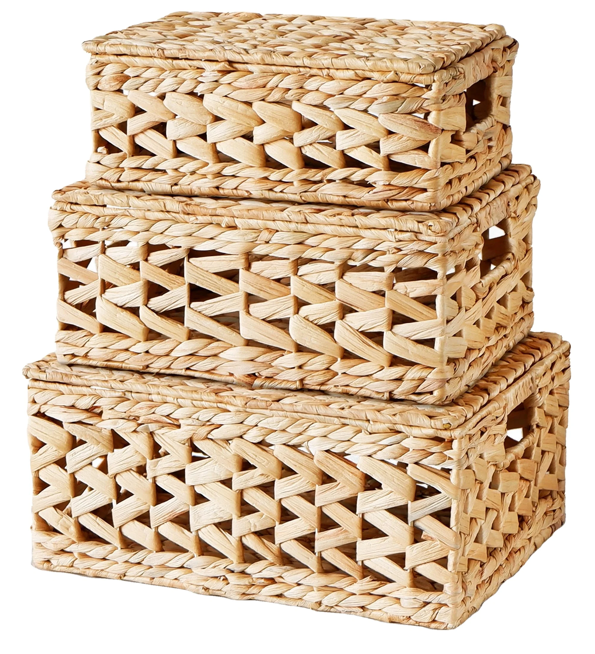 Wicker Storage Baskets with Lids, Set of 3 Rattan Lidded Hyacinth Baskets for Organizing Woven Large Rectanguarlar Basket Boxes,