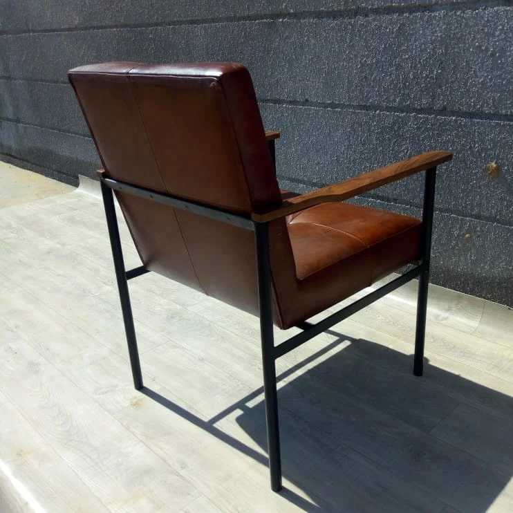 Vintage Iron & Leather Office Chair with Wooden Arm Rest