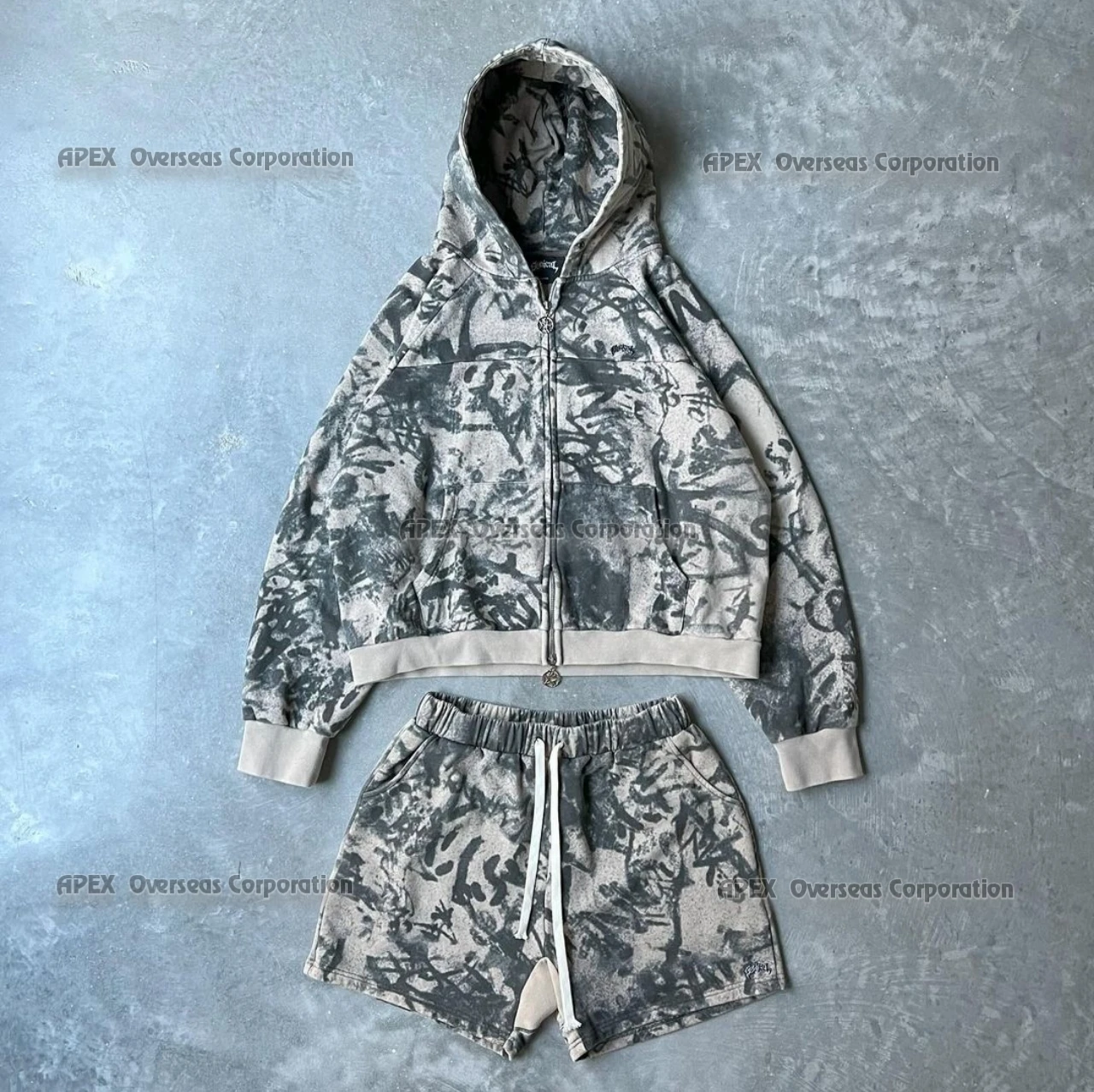 Manufacturers Full Zip Stone Wash Hoodie and Short Sets Men Blank Acid Washed Zip Up Hoodie with Own  Custom Logo