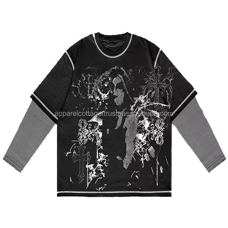 Wholesale premium quality 100%cotton jersey unisex double sleeves crew neck silk screen print t-shirt casual hip hop sweaters