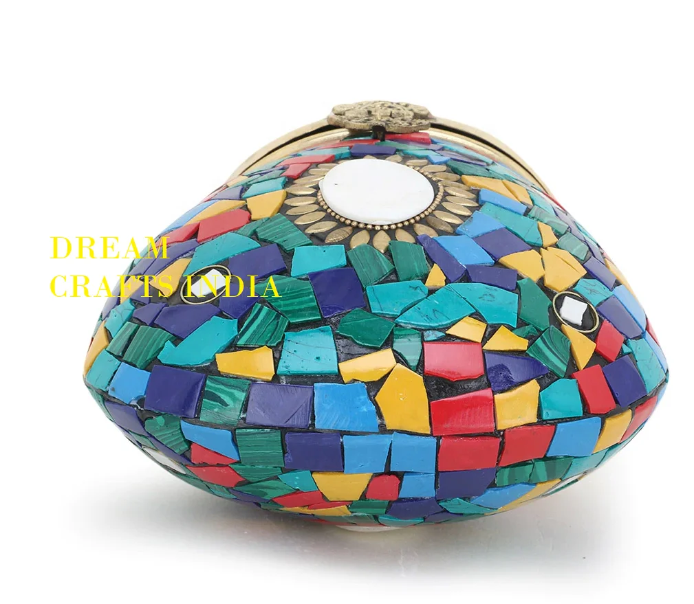 Multi Color Mosaic Clutch Bag Hand Crafted Unique Firoza Ladies Metal Sling Bags Bulk buy Golden Ball Lota Shape Indian Handbag