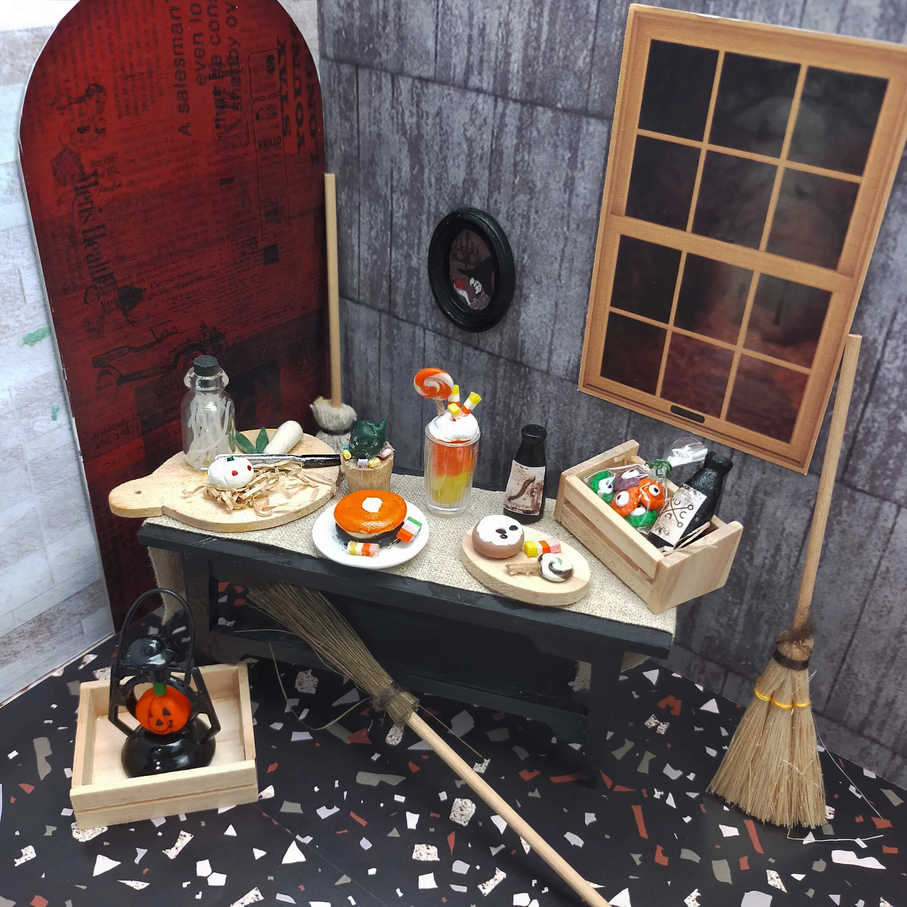 Miniature 1:12 Dollhouse Scale Witch House Party DIY Furniture Wood and Paper Halloween Toy for Dolls