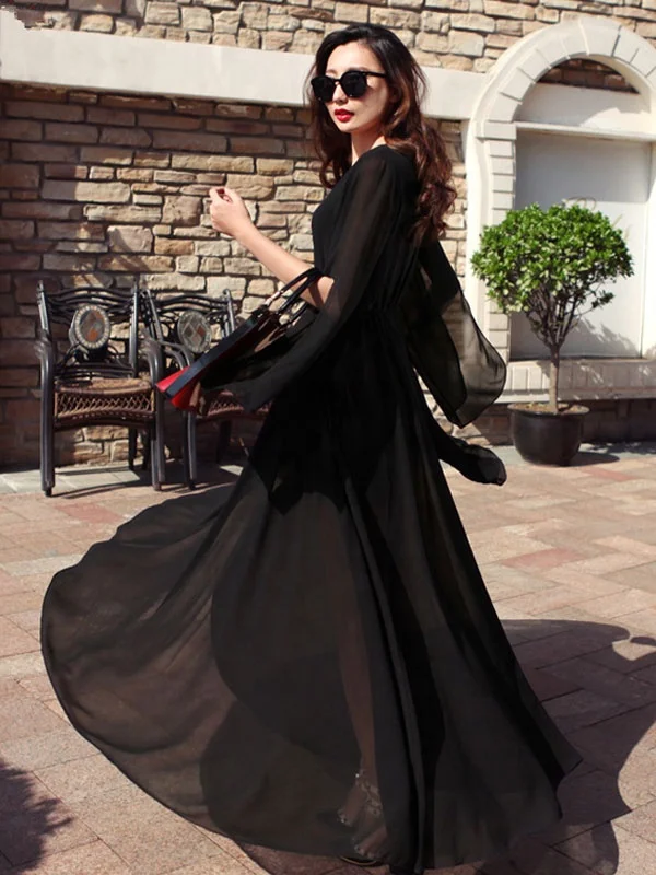 2021 spring and autumn Korean style elegant belt maxi length pleated Long Sleeve Dress formal dresses
