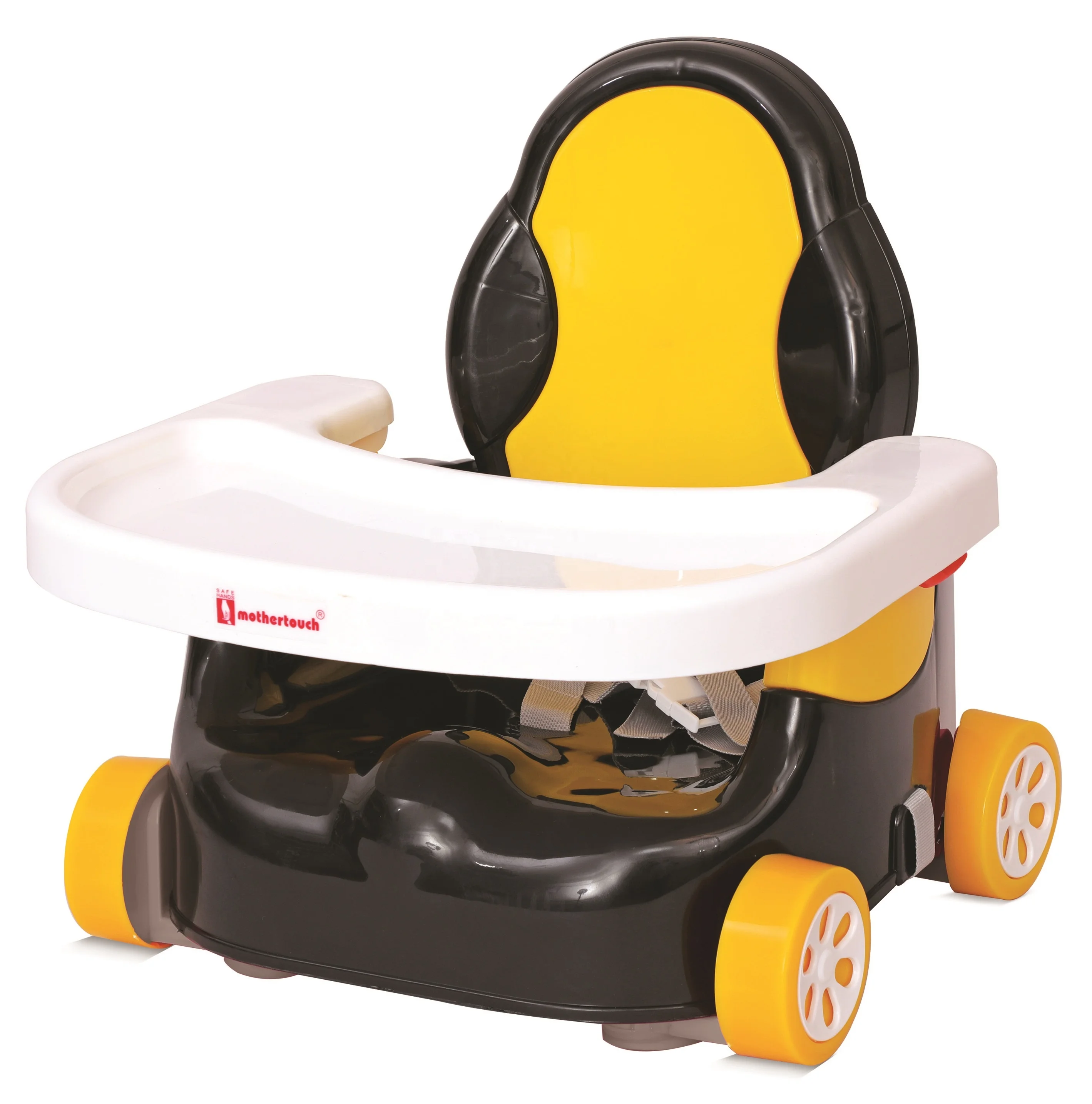 Attractive Yellow & Black Kids Toddlers Dining Plastic Travel Baby Feeding Chair With Safety Belt Removable Front Plate Light We
