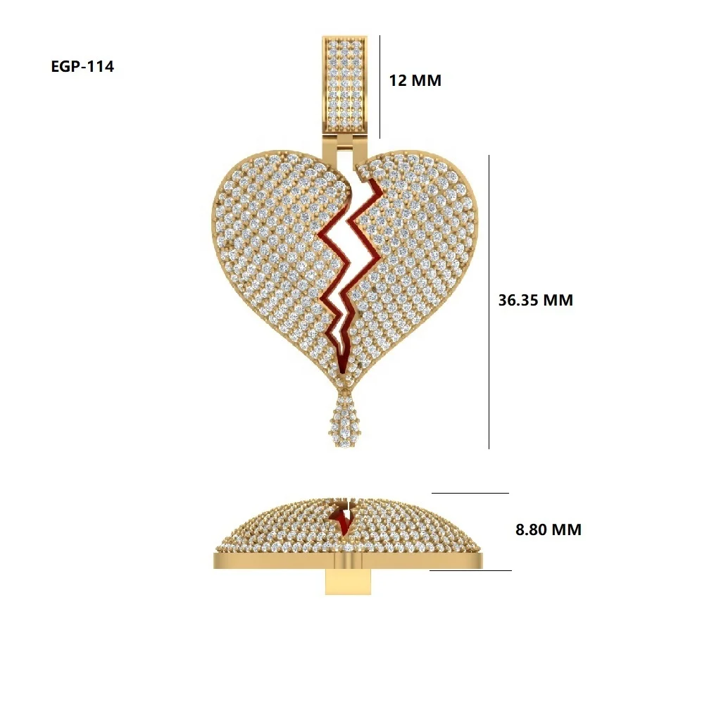 Broken Heart Diamond Pendant Yellow Gold IGI 10KT REAL GOLD Partly White Rhodium,fine Gold Micro Insert Round Brilliant Cut