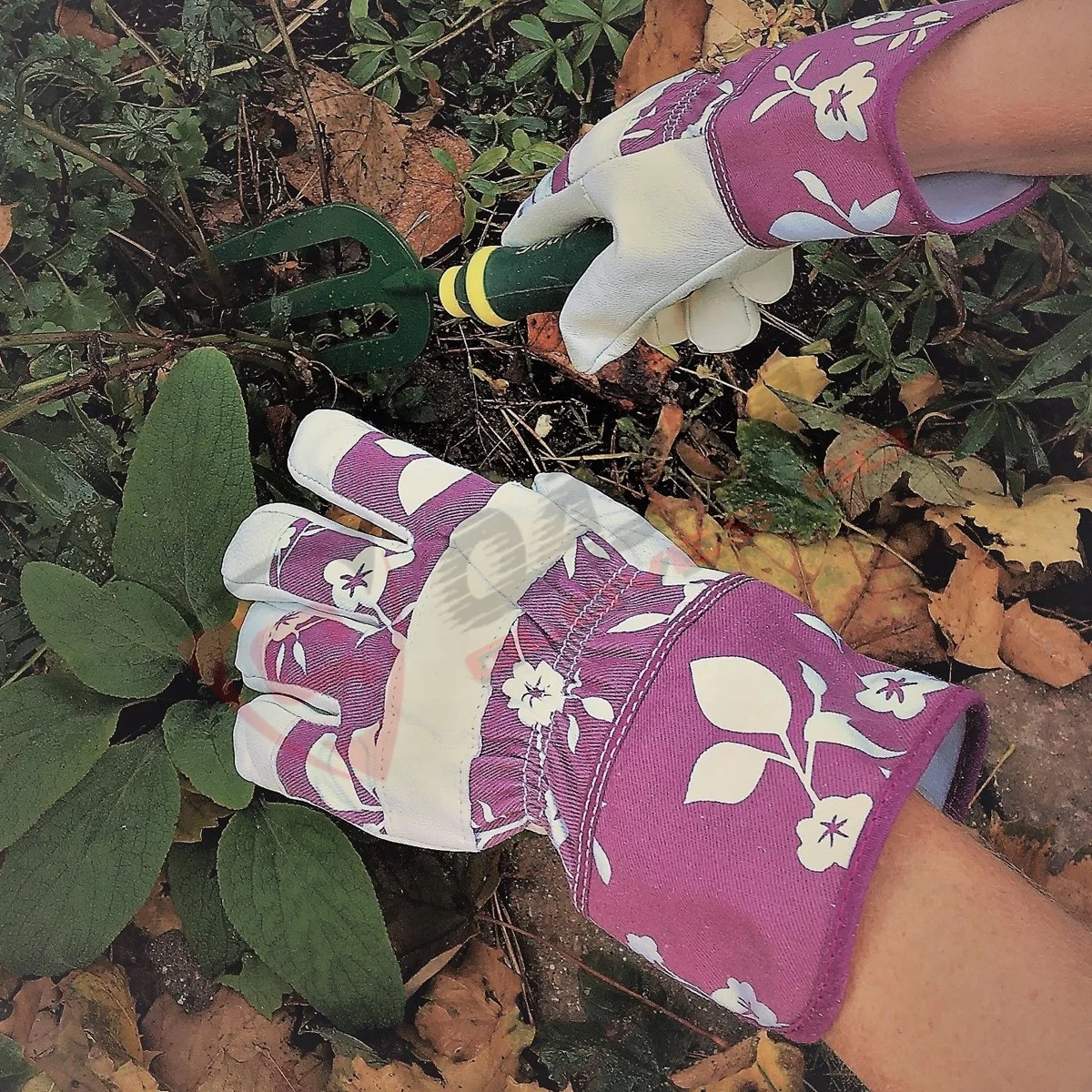 Ladies Leather Floral-Gardening Touchscreen Flower Printings Riggers Safety Gardening Gloves