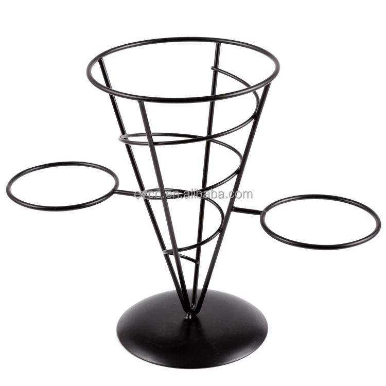 Wrought Iron French Fries Cone Holder Set in Black Powder Coated Surface with 2 Ceramic Ramekins