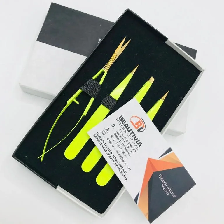 Lime Green With Gold Stainless Steel Eyebrow Tweezers Scissor Set Brow Shaping Tweezer Beauty Cosmetic Tools