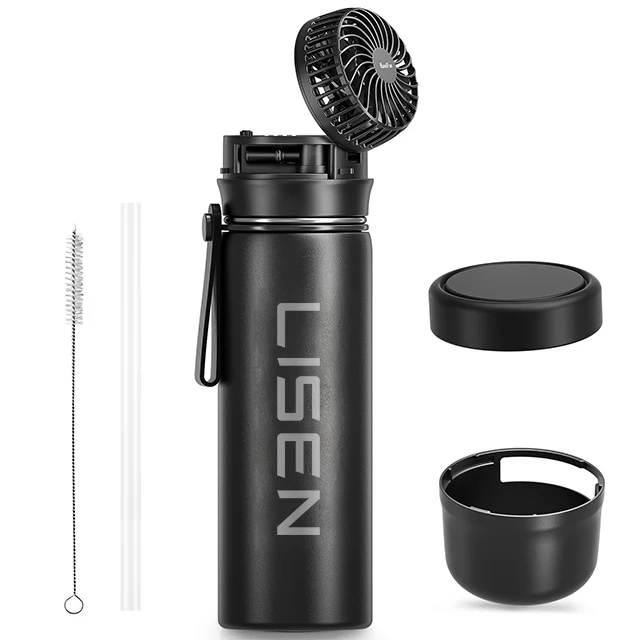 LISEN 24 oz Stainless steel water bottle with fan charger Vacuum Flask Sports Bottle With Handle Lid