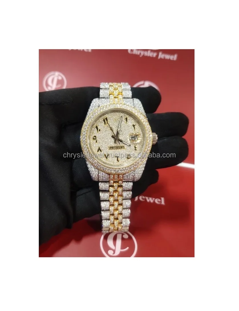 Ready To Ship Hip Hop High Quality VVS Moissanite Diamond Studded Rose Tow Tone Color Watch For Men Big Manufacturer Wholesale
