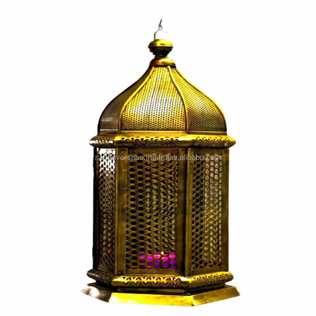 Antique Brass Finish Moroccan Style Metal Lantern For Eid Ramadan Decoration